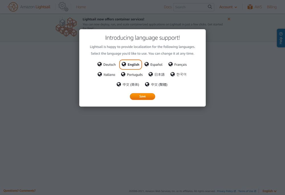 Amazon Lightsail言語選択