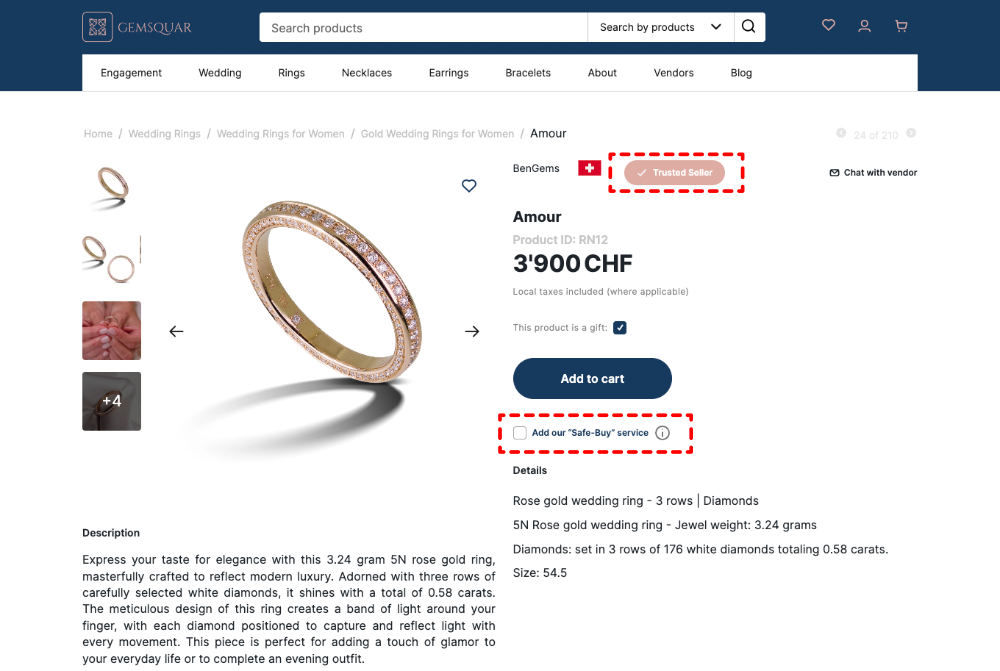 CS-Cart ベースのジュエリー・マーケットプレイスであるGemsquarは、「Trusted Seller」タグを使用して信頼を強調しています