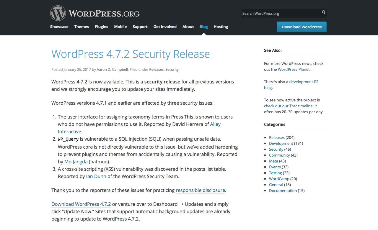 WordPress 4.7.2 Security Release
