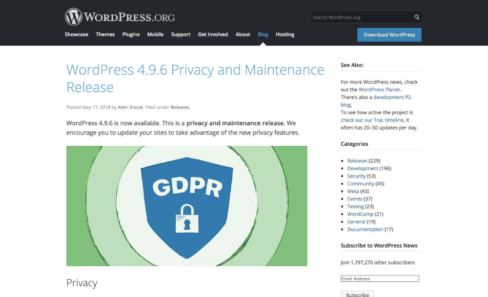 WordPress 4.9.6 Privacy and Maintenance release