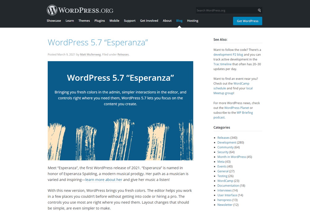 Wordpress 5 7 Esperanza がリリースされました