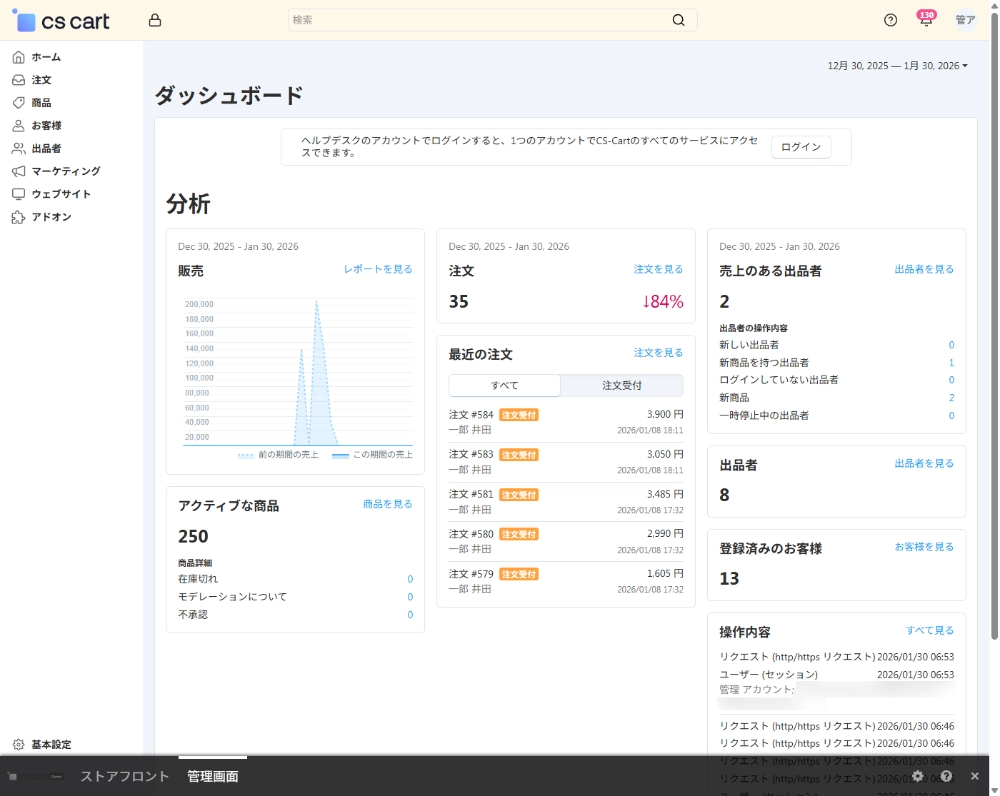 CS-Cart Multi-Vendorダッシュボード