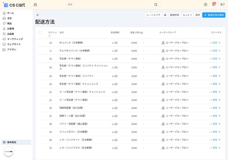 マーケットプレイス全体の配送方法設定