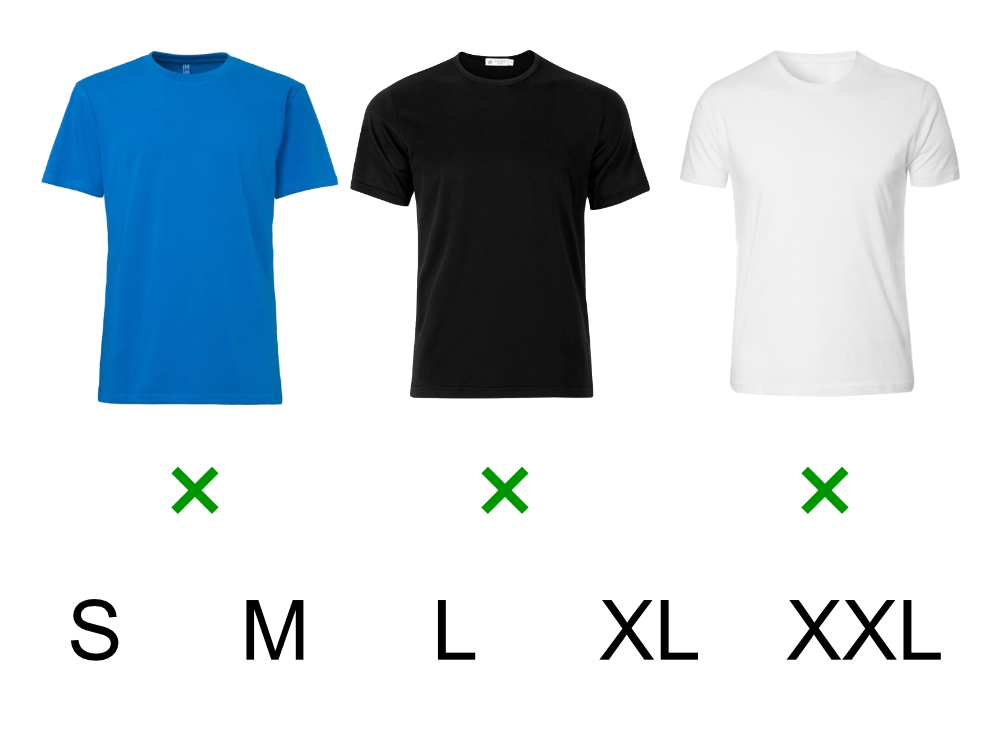 Tシャツのカラーが3色とサイズが5サイズ